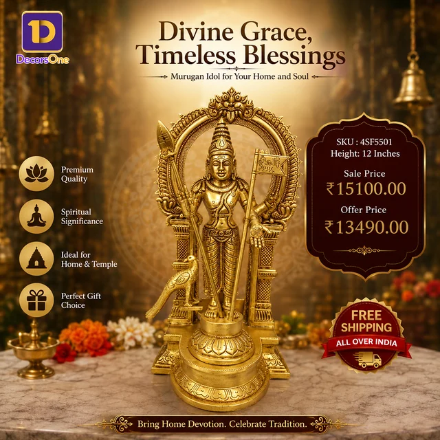 Brass Murugan Idol with Well Desgined with Prabhavali | Brass Thiruchendur Murugan, Embrace Multifaceted Divine Power with Our Four-Armed Brass Murugan Statue