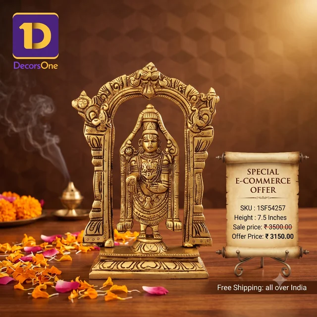DecorsOne Brass Arch Balaji Statue For Pooja And Home Decor / Brass Perumal Symbol of Prosperity & Grace