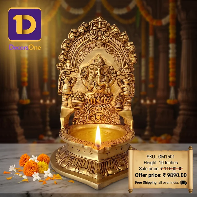 DecorsOne Buy Brass Big Ganesha Diya For Pooja 10″