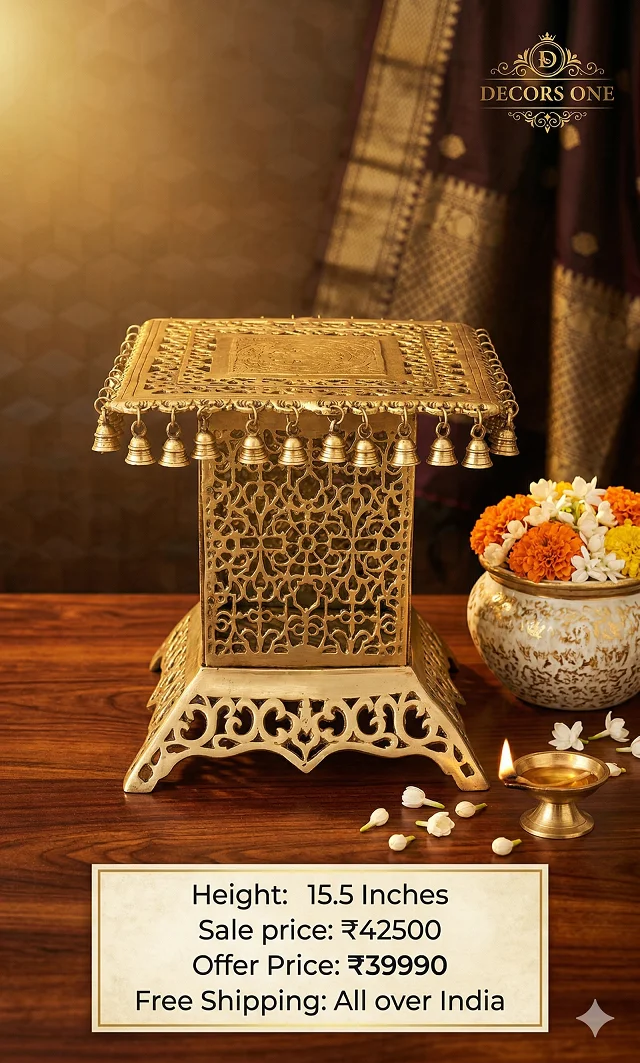 DecorsOne Brass Chowki Stand With Bell Big 15.5″