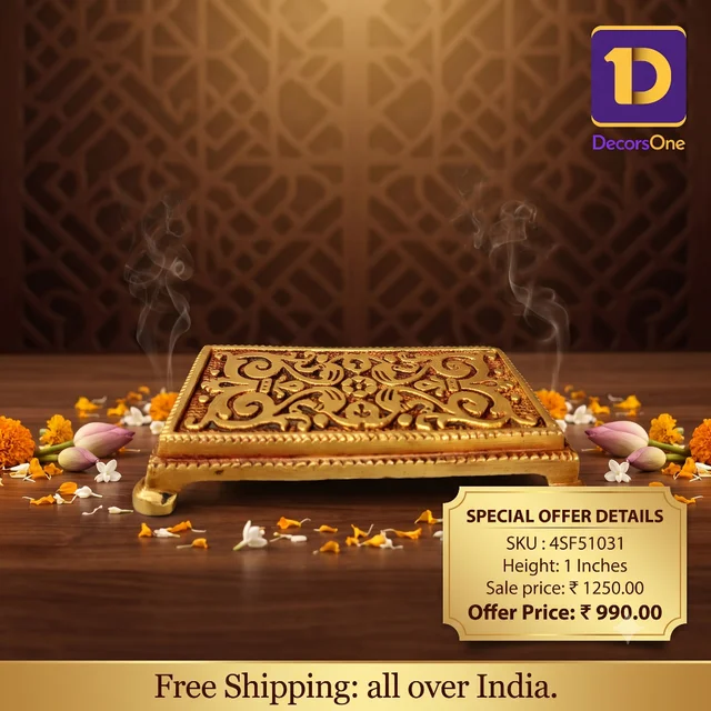 DecorsOne Brass Rectangle Chowki Statue For Pooja 1″