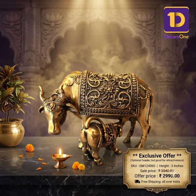 DecorsOne Buy Brass Fine Art Cow And Calf For Pooja, Black Antique Finish
