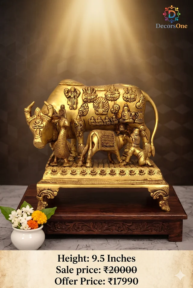 Buy Brass Cow And Calf With All Gods With Peacock And Krishna