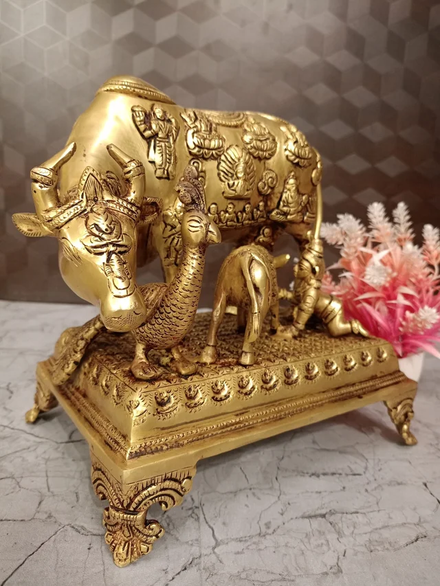 Buy Brass Cow And Calf With All Gods With Peacock And Krishna