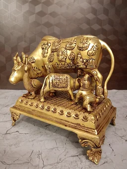 Buy Brass Cow And Calf With All Gods With Peacock And Krishna