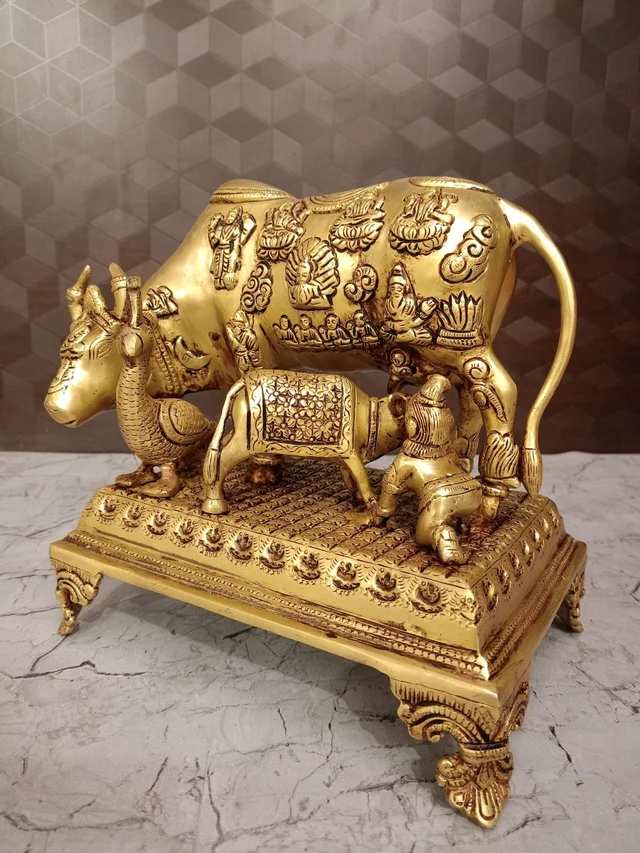 Buy Brass Cow And Calf With All Gods With Peacock And Krishna