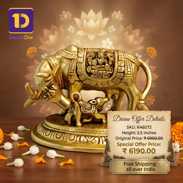 DecorsOne Brass Cow And Calf Idol With Ganesha Lakshmi 5.5''