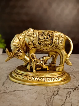 DecorsOne Brass Cow And Calf Idol With Ganesha Lakshmi 5.5''