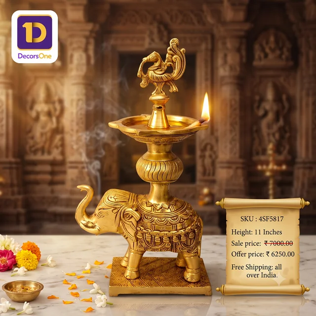 DecorsOne Brass Elephant With Annam Five Face Diya 11″