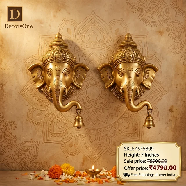 DecorsOne Brass Ganesha With Bell Idol Left Right Combo 7”