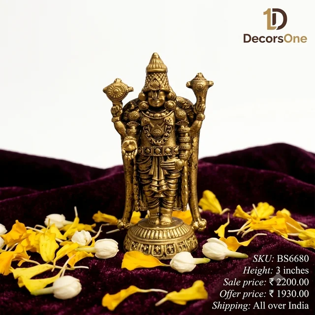 DecorsOne Authentic Fine Art Brass Balaji Statue | Majestic Lord Venkateshwara Idol
