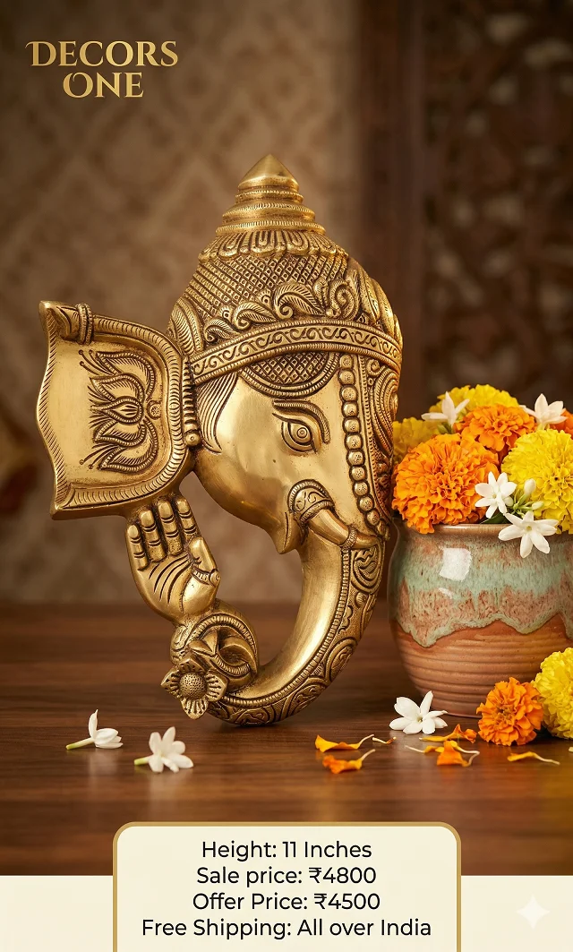 Brass Ganesha Face wall Mount 11"