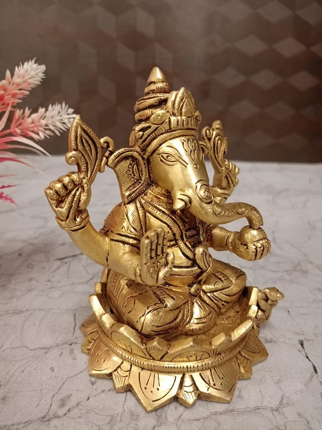 DecorsOne Buy Brass Ganesha Sitting On Lotus , Pure Antique And Handicraft Idol