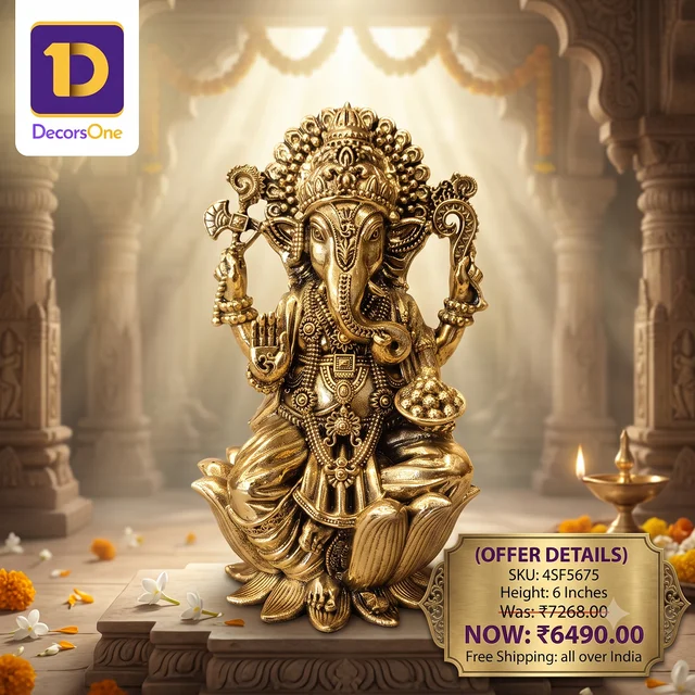 DecorsOne Brass Fine Art Ganesha Sitting On Lotus Idol For Pooja