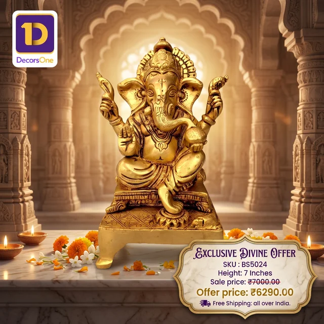 Brass Ganesha Idol With Chowki Stand 7''