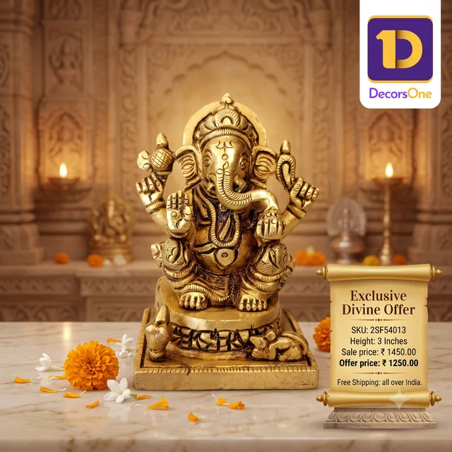 DecorsOne Brass Ganesha statue Sitting On Square base With Kalasam / Anchor Your Home in Divine Tranquility with Our Seated Brass Ganesha Idol