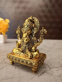 DecorsOne Brass Fine Art Ganesha Sitting On Chowki Stand