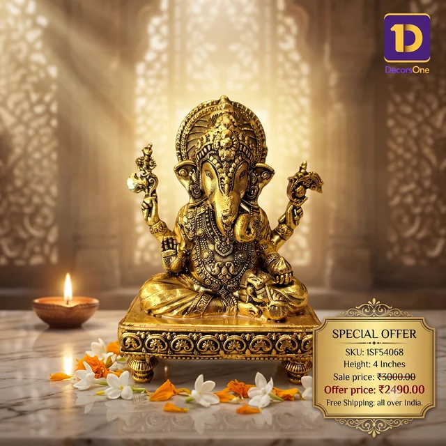 DecorsOne Brass Fine Art Ganesha Sitting On Chowki Stand