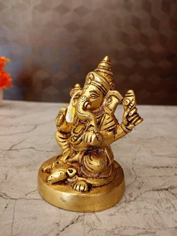 DecorsOne Brass Ganesha Sitting On Mouse / Unique and Handicraft Idol , Antique Finish