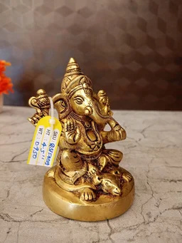DecorsOne Brass Ganesha Sitting On Mouse / Unique and Handicraft Idol , Antique Finish
