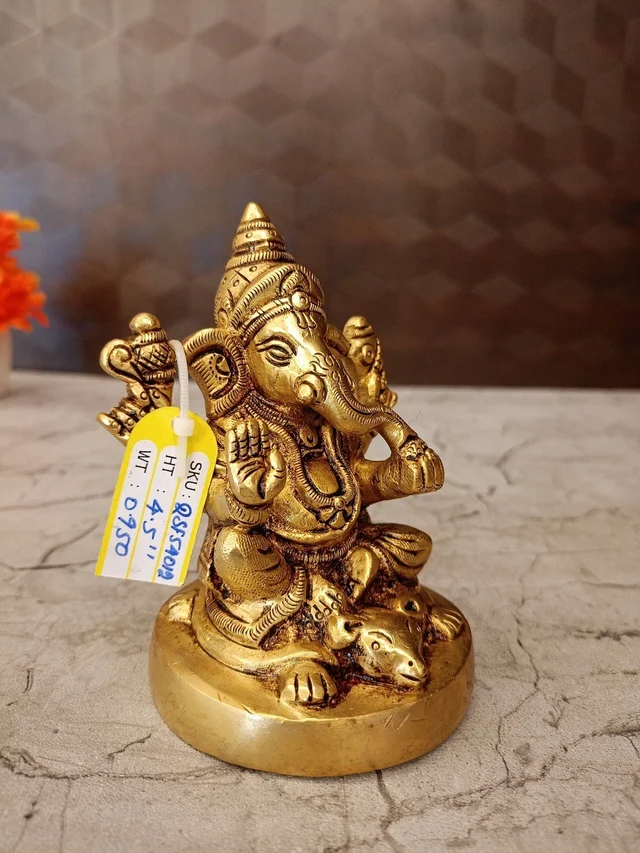 DecorsOne Brass Ganesha Sitting On Mouse / Unique and Handicraft Idol , Antique Finish
