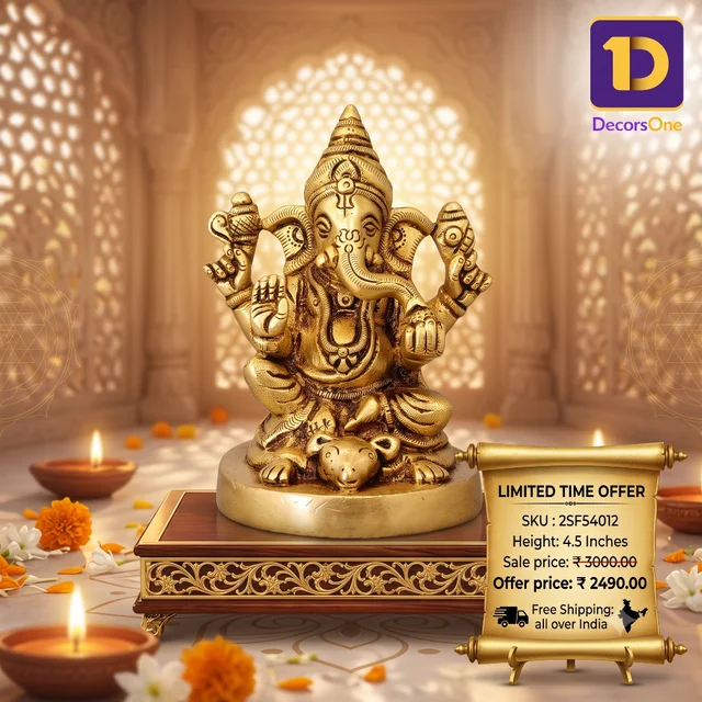 DecorsOne Brass Ganesha Sitting On Mouse / Unique and Handicraft Idol , Antique Finish