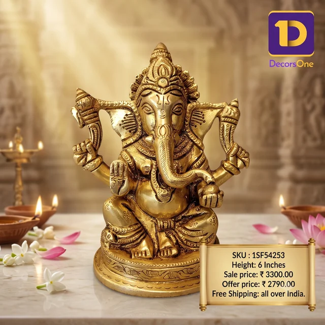 DecorsOne Brass Ganesha Sitting On Round Base , Pure And Antique Finish / Handicraft Statue , God of New Beginnings