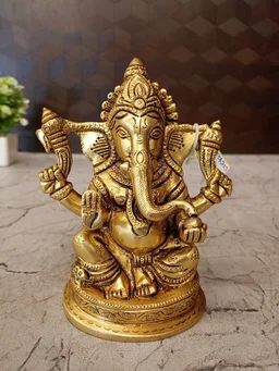 DecorsOne Brass Ganesha Sitting On Round Base , Pure And Antique Finish / Handicraft Statue , God of New Beginnings