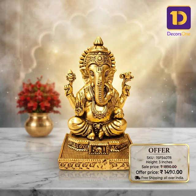 DecorsOne Brass Fine Art Ganesha Sitting On Chowki Stand