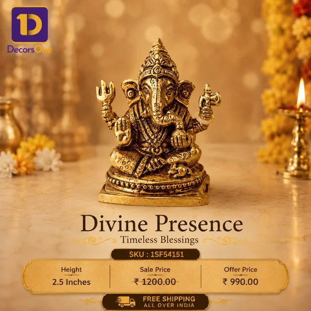 DecorsOne Brass Small ganesha With Designer Base / Embrace Divine Blessings with Our Masterfully Crafted Brass Ganesha Murthi Idol