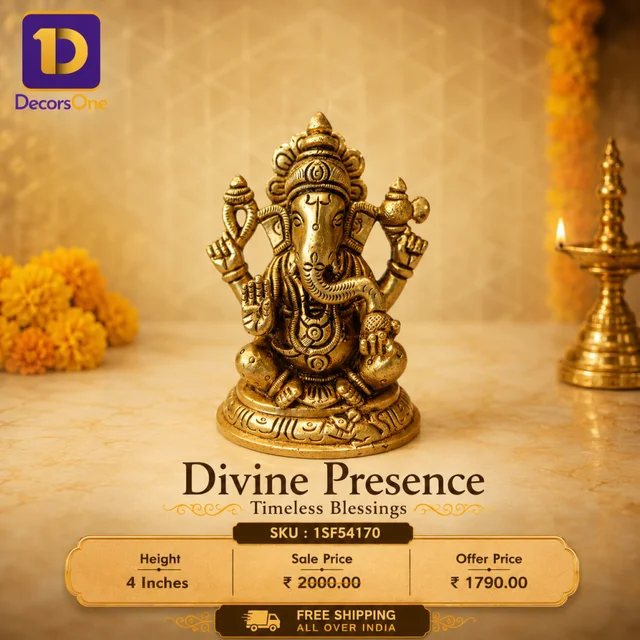 DecorsOne Base Ganesha Sitting On Oval Base / Symbol of Wisdom and Intellect / Pure Brass And Antique Finish , Handicraft Statue