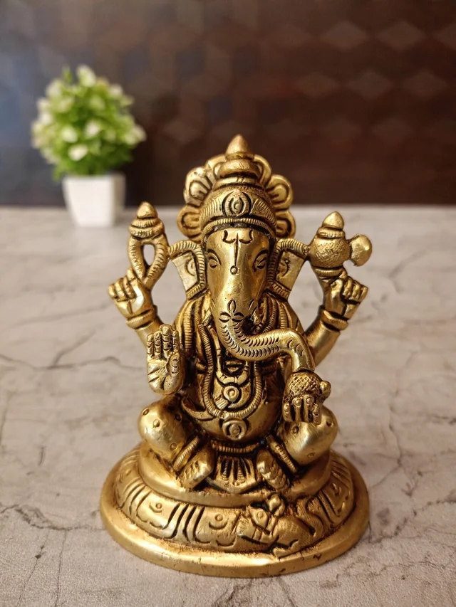 DecorsOne Base Ganesha Sitting On Oval Base / Symbol of Wisdom and Intellect / Pure Brass And Antique Finish , Handicraft Statue