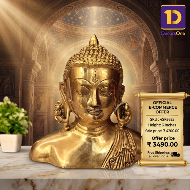 DecorsOne Brass Plain Semi Buddha Idol / Golden Finish