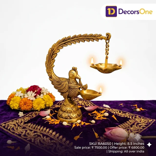 DecorsOne Illuminate your space with the Premium Brass Single Face Peacock Hanging Diya (Mayil Deepam).