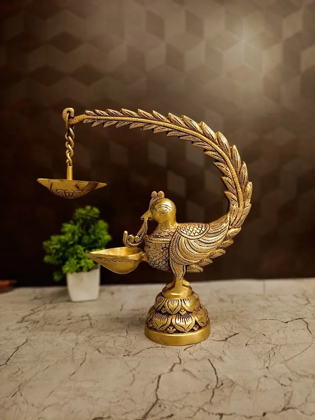 DecorsOne Illuminate your space with the Premium Brass Single Face Peacock Hanging Diya (Mayil Deepam).