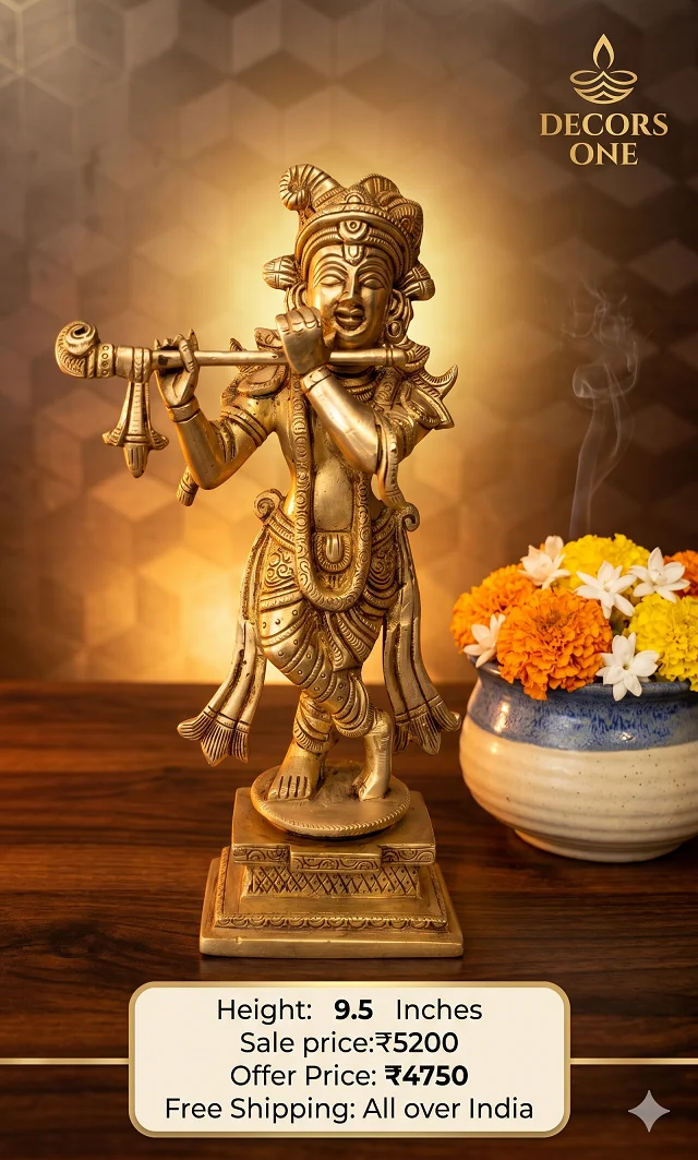 DecorsOne Brass Krishna with Square and Round Base- 9.5″