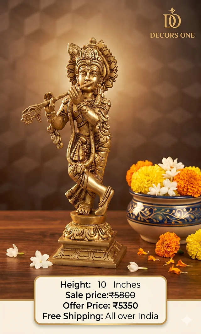 DecorsOne Brass Krishna with Floral Base Idol- 10″