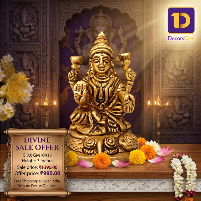DecorsOne Buy Brass Lakshmi Idol Sitting On Round Base With Flowers
