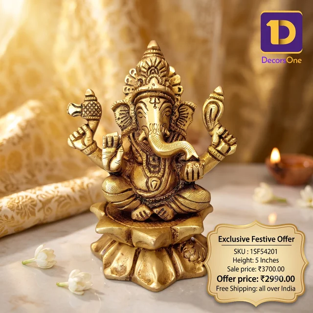 DecorsOne Buy Brass Ganesha Sitting On Lotus Base / Pure Antique And Handicraft Idol , Bringer of Good Luck and Prosperity