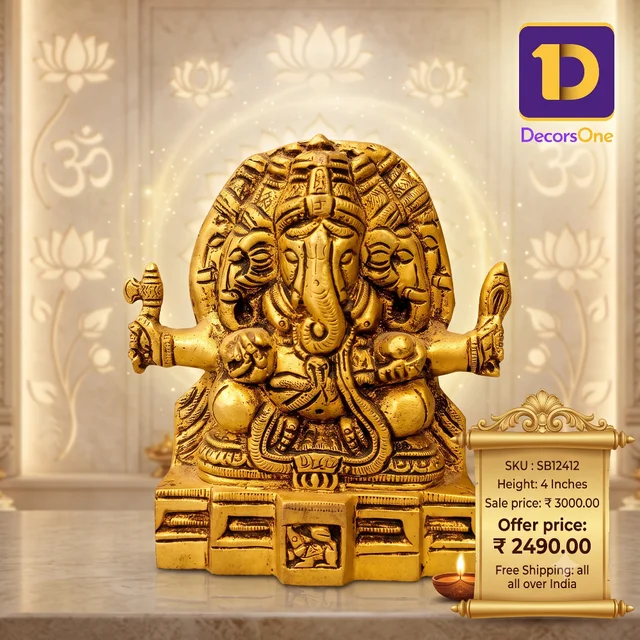 DecorsOne Brass Panjamuga Ganesha / Divine Energy And Protection , Antique And Handicraft Idol