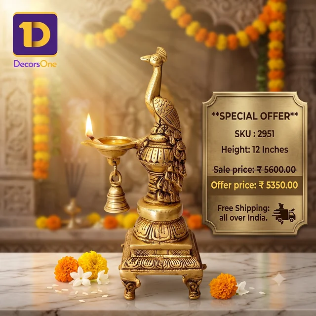 DecorsOne Brass Peacock Diya with Bell- 12″