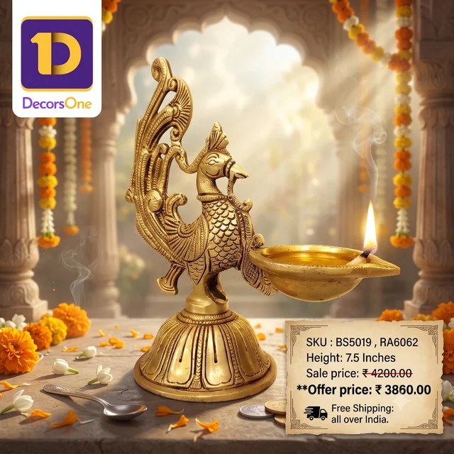 DecorsOne Brass Peacock Single Face Diya with Cup Base 7.5''