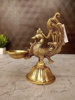 DecorsOne Brass Peacock Single Face Diya with Cup Base 7.5''