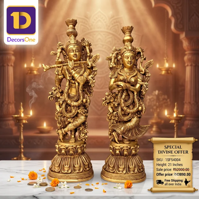 DecorsOne Buy Brass Superfine Radha Krishna Statue Big 21″ ,Handicraft Idol & Golden Antique Finish / Symbol of Eternal Love & Harmony