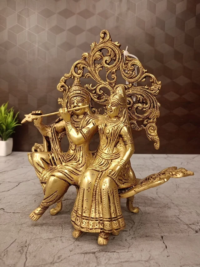 DecorsOne Brass Radha Krishna Idol Sitting Designer Sofa 10''