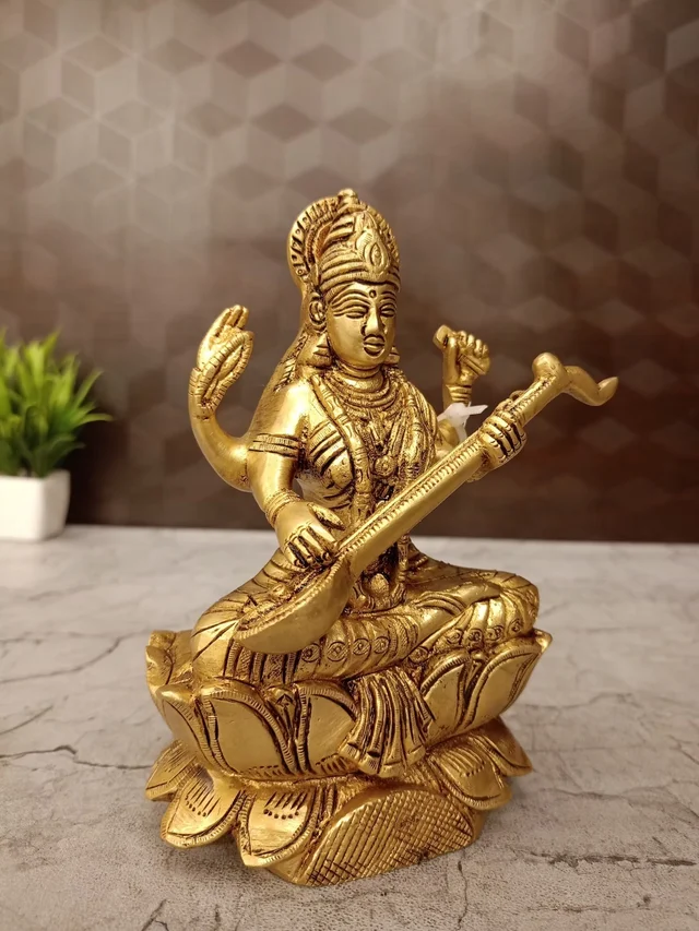 DecorsOne Brass Saraswathi Idol Lotus Base 6.5''