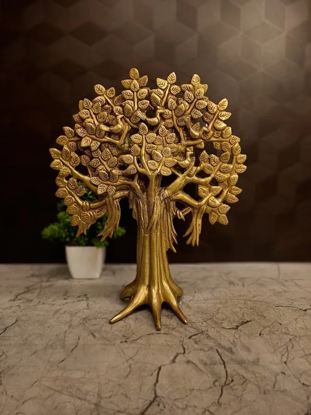 DecorsOne Premium Brass Tabletop Karpagavriksham Tree | Miniature Vastu Kalpavriksha for Office Decor & Wealth