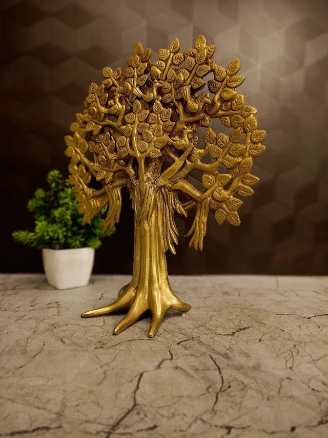 DecorsOne Premium Brass Tabletop Karpagavriksham Tree | Miniature Vastu Kalpavriksha for Office Decor & Wealth