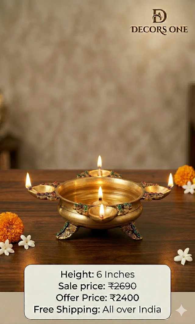 DecorsOne Brass Stone Uruli With Four Diyas 3.5''