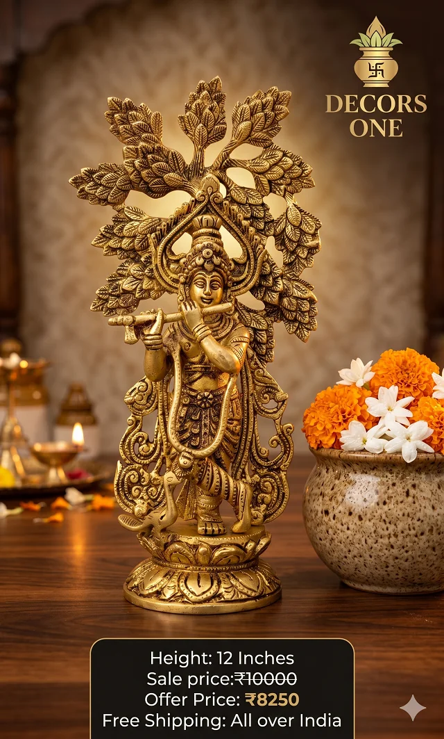 DecorsOne Brass Tree Krishna Idol Decorative Showpiece- 12″